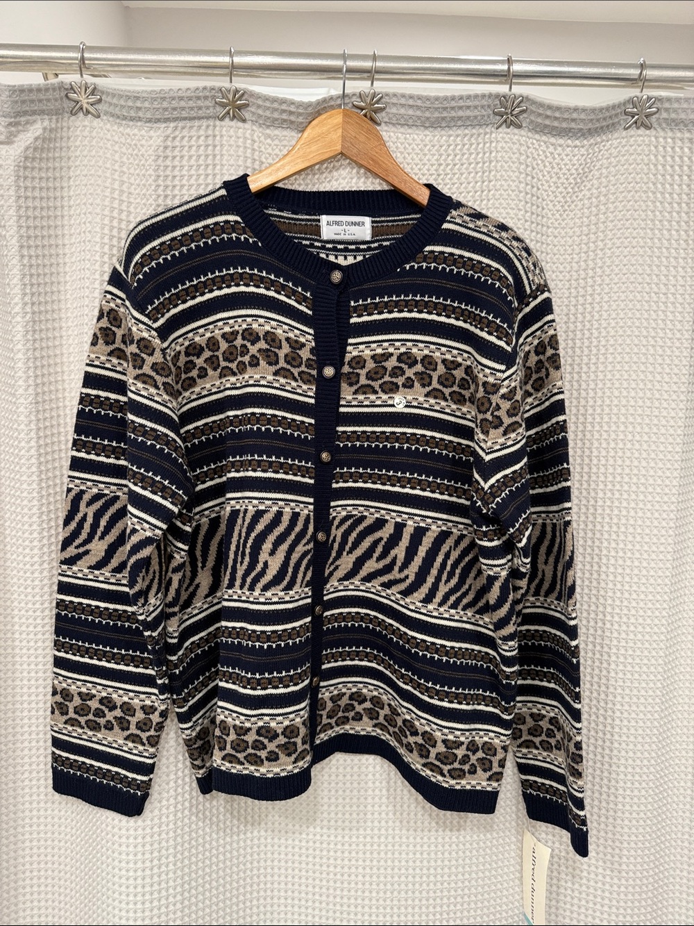 Alfred Dunner Navy, Beige and Black Animal-Print Button Cardigan